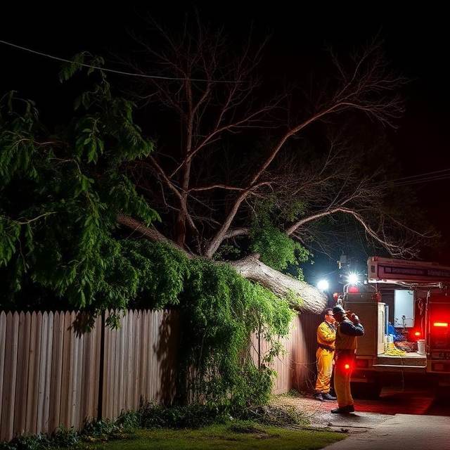 Crew working under floodlights at night where a fallen tree has crushed a backyard fence