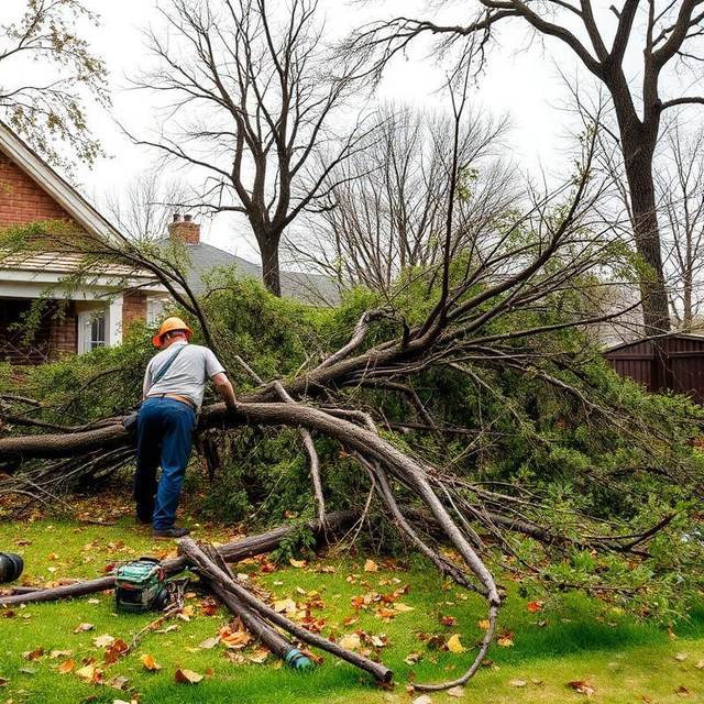 Worker dragging large fallen branches across a yard after a storm