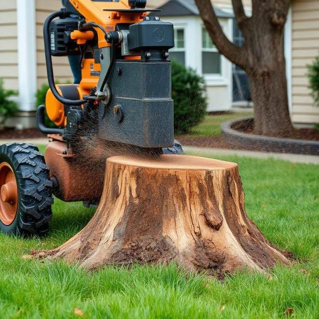 Stump grinder parked on a front lawn beside a freshly cut tree stump