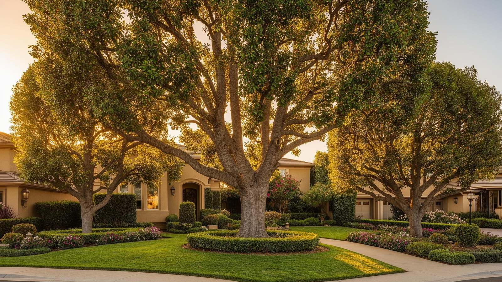 Mature, well-pruned shade trees over a manicured front lawn and stucco home in warm evening light