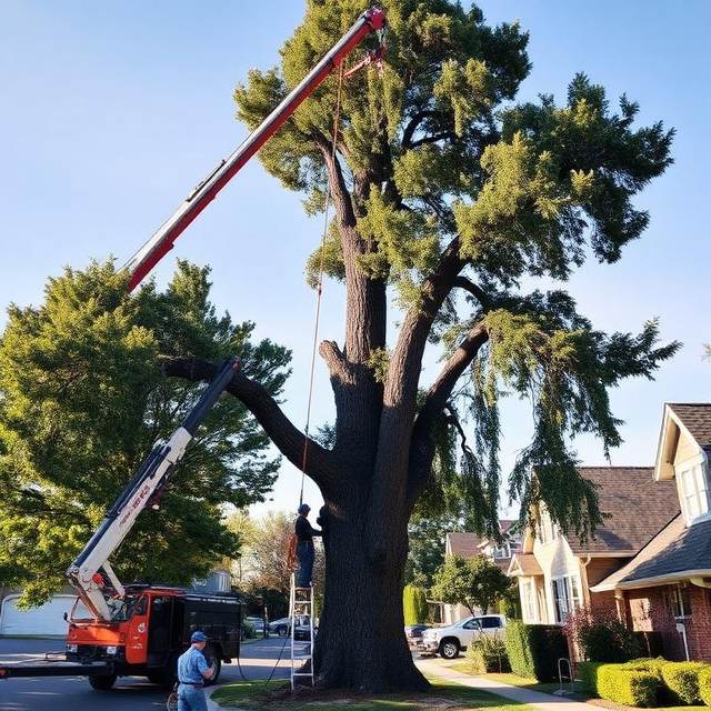 Boom lift and crane arm positioned beside a tall tree being taken down on a residential street