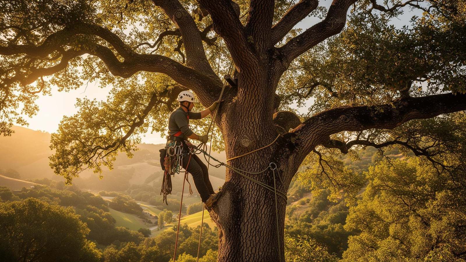 Arborist in a climbing harness roped into the limbs of a large oak tree at sunset above rolling hills