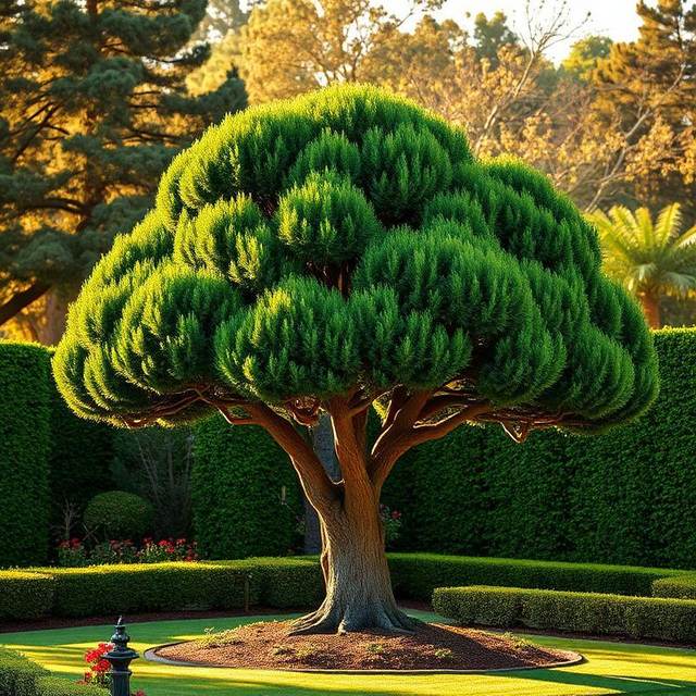 Ornamental tree with a dense, rounded, hand-shaped canopy in a landscaped garden
